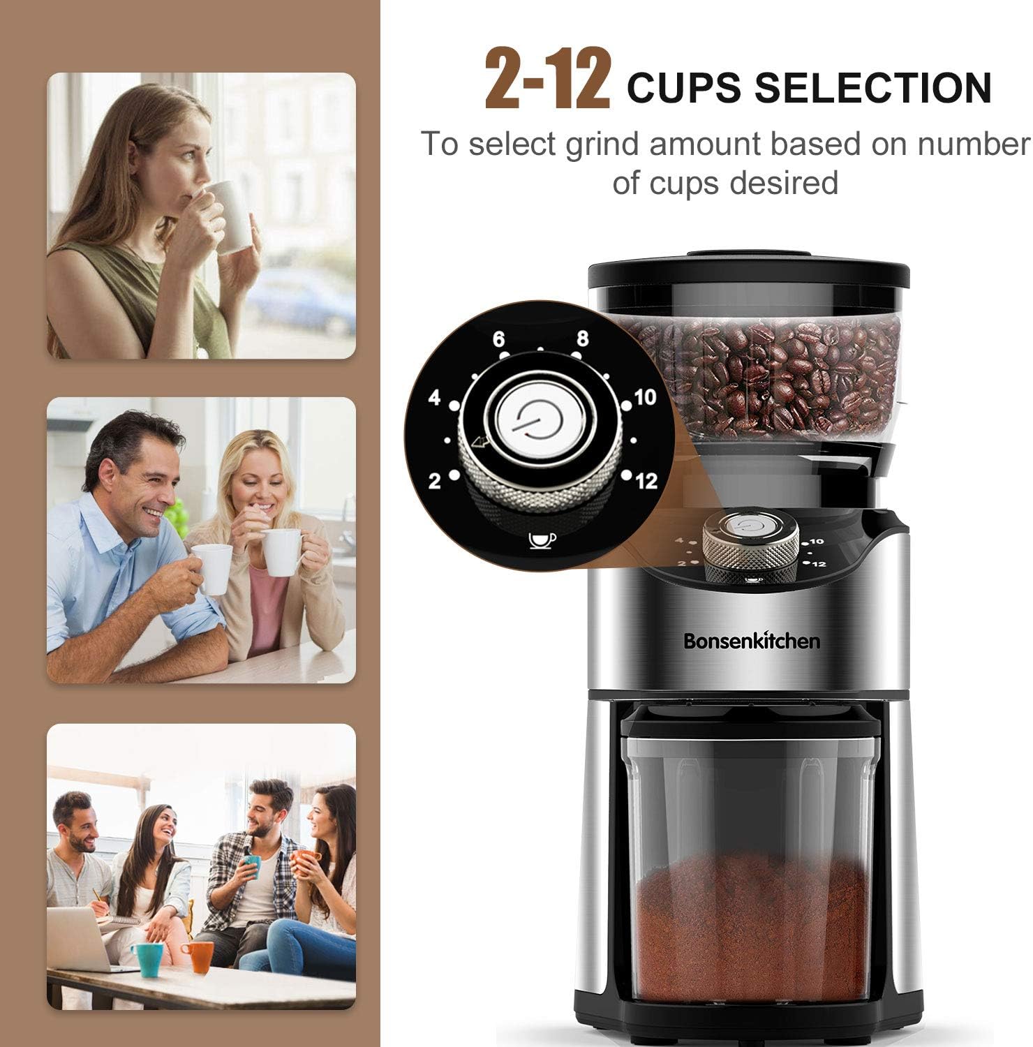 Electric Burr Coffee Grinder, Automatic Conical Burr Mill Coffee Bean Grinder with 12 Precise Grind Settings and Cup Selection, Large Capacity, Stainless Steel
