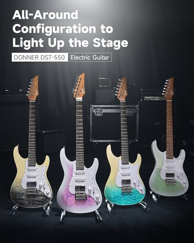 Donner 39 Inch Electric Guitar, DST-550 Color Gradient Poplar Body, Laurel Fretboard & Maple Veneer, 7 Tone Options, Tremolo Bridge, for Intermediate & Pro Players, Bonus Bag – Amethyst white burst