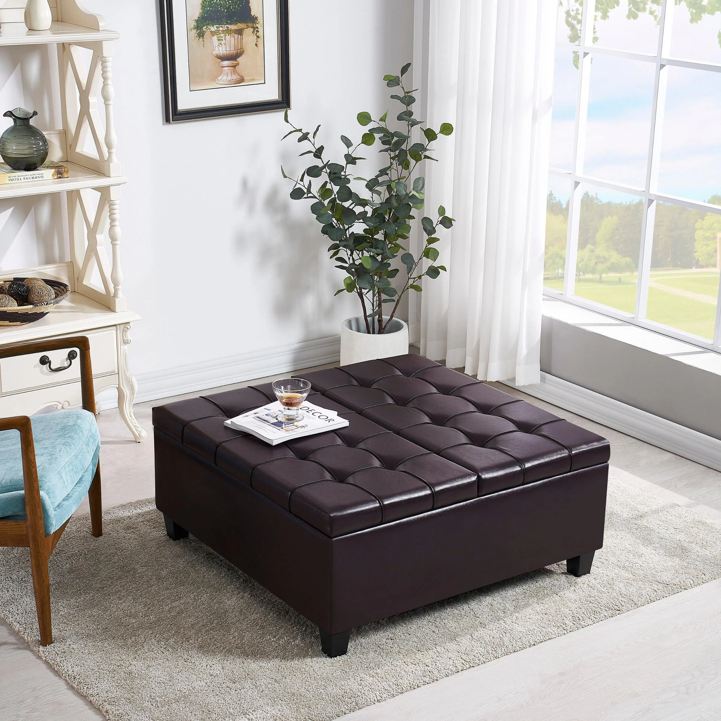 Supfirm Large Square Faux Leather Storage Ottoman | Coffee table for Living Room  Bedroom (Dark Brown)