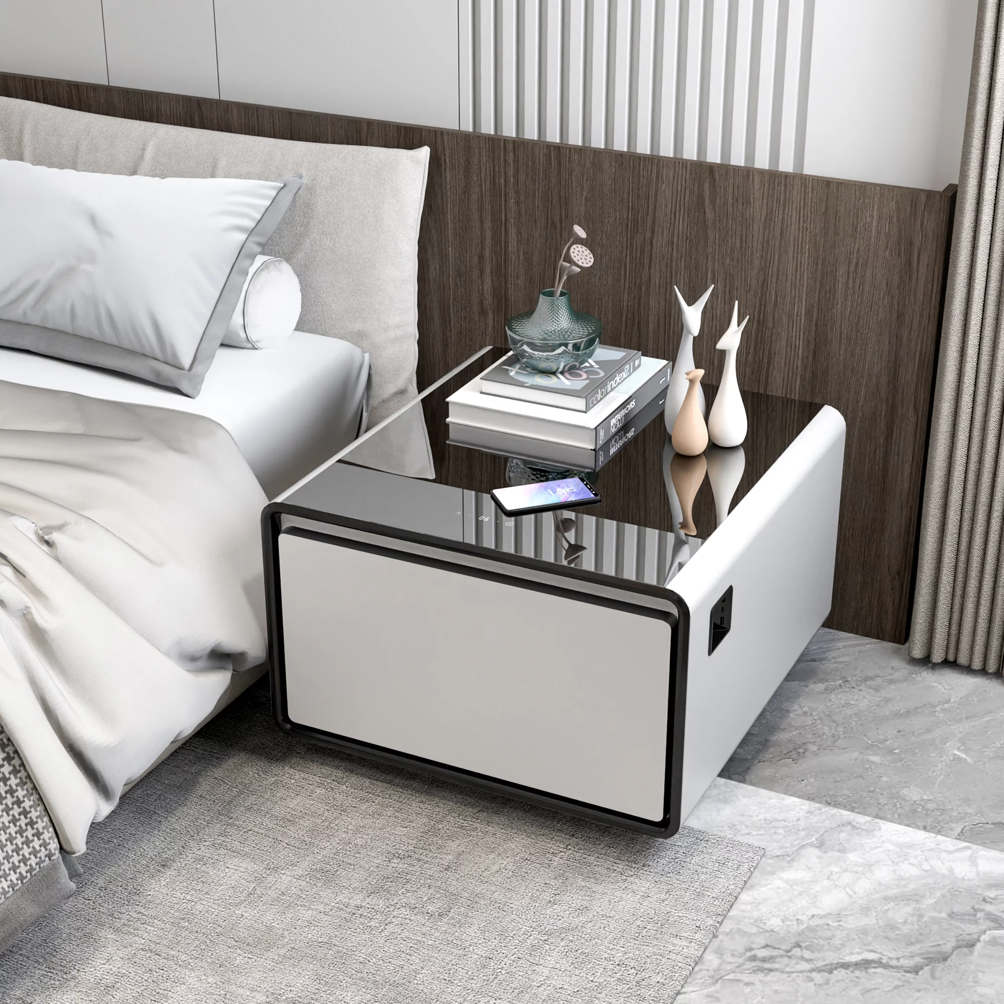 Livtab Smart Side Table with Built in Fridge, Charging Station, End Table with Storage Drawer, Control Panel for Living Room, White