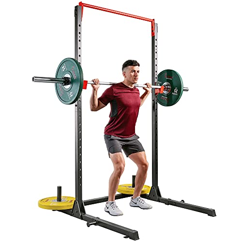 Sunny Health & Fitness Power Cage and Squat Rack In High Weight Capacity with J-Hooks, Adjustable Pull Up Bar, Weight Plate Holders, Resistance Band Posts