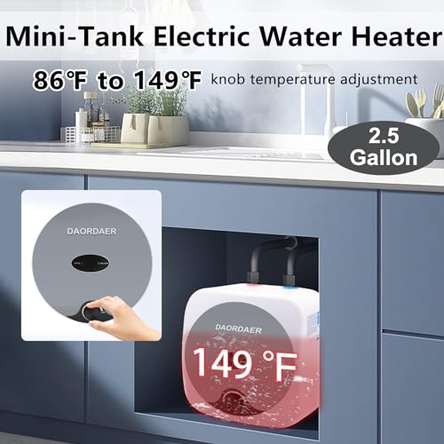 DAORDAER 110/120v 1.5kw Mini Tank Electric Water Heater 2.5 Gallon Compact Under Sink Water Heater Knob Temperature Adjustment Instant Hot Water Heater For Home Kitchen