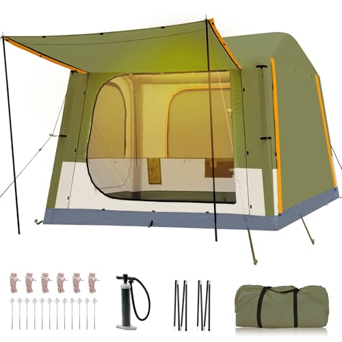 Inflatable Tents for Camping, Blow Up Tent with Hand Pump, Easy Setup Inflatable Hot Tent with Stove Jack, Waterproof Oxford Air Glamping Tents for Camping Adult 4-6 Person
