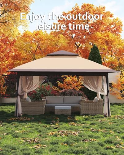 11x11 Pop Up Gazebo Tent with Mosquito Netting, Outdoor Canopy Shelter Easy Setup, Water & UV Resistant - Khaki