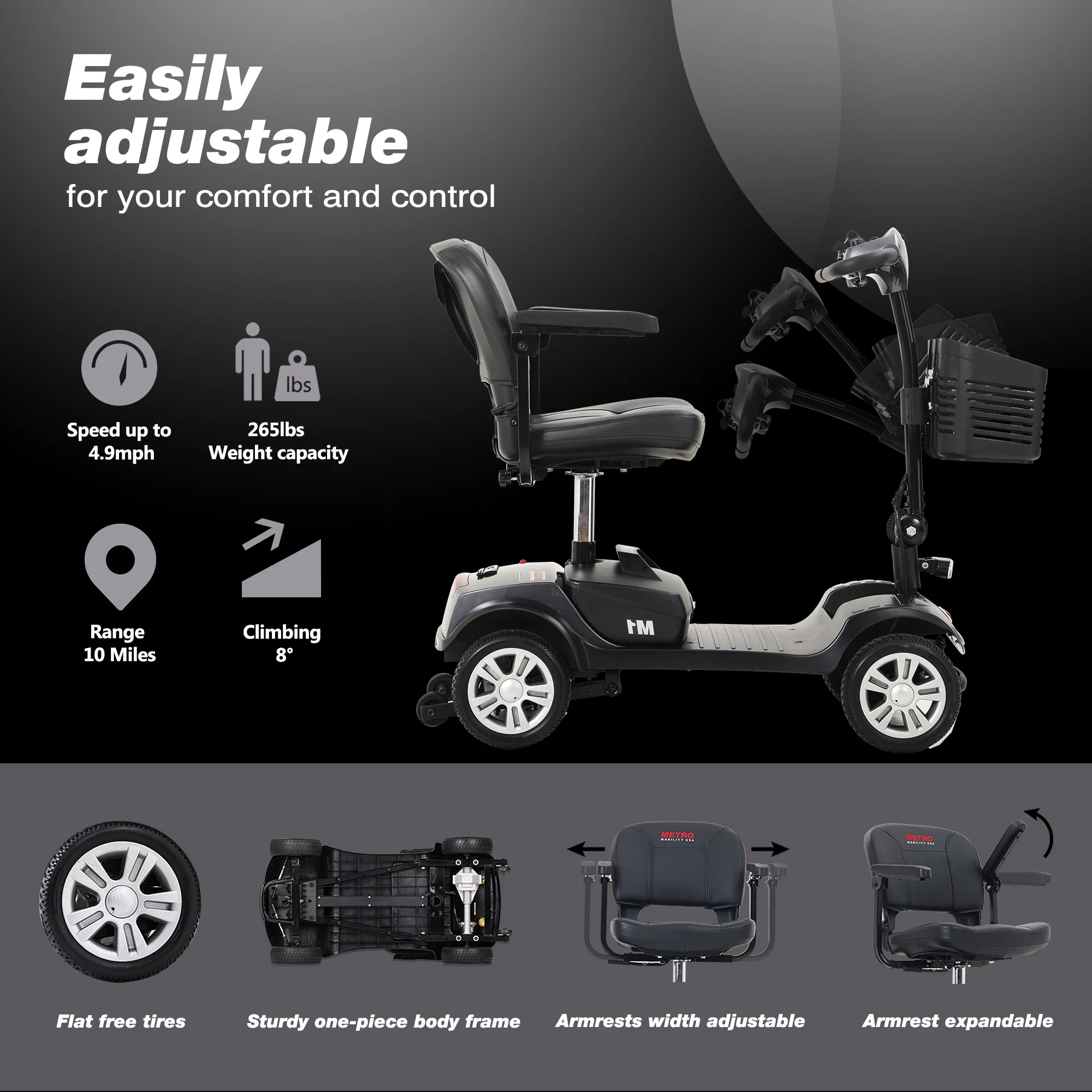 BTMWAY Mobility Scooter, 4 Wheels Electric Scooter for Seniors, Compact Folding Travel Mobility Scooters for Adult, Transformer Mobility Scooter with Swivel Seat, Front and Rear LED Light, Silver