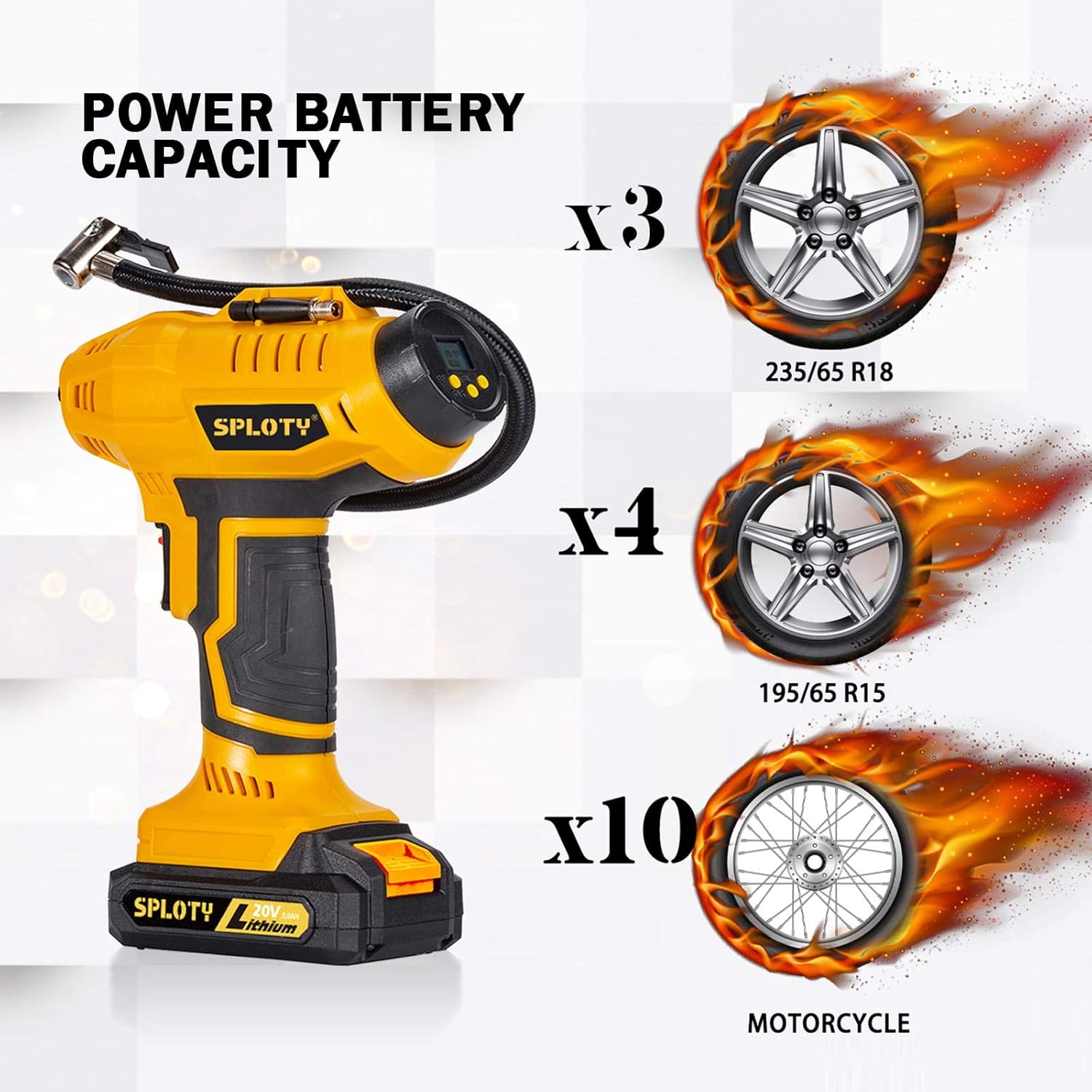 SPLOTY Cordless Tire Inflator Portable Air Compressor 20V Rechargeable Battery Handheld Air Pump 160PSI,12V Car Power Adapter Digital Pressure Gauge for Cars,Motorcycles,Balls and Other Inflatables