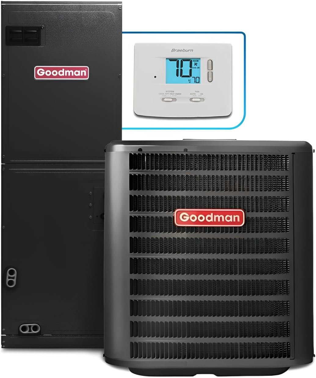 Goodman 14.3 SEER2 3 Ton Heat Pump Split System w/ 15kW Backup Heat Kit | Downflow, Upflow, or Horizontal Air Electric Handler w/Thermostat | Single Stage Condenser