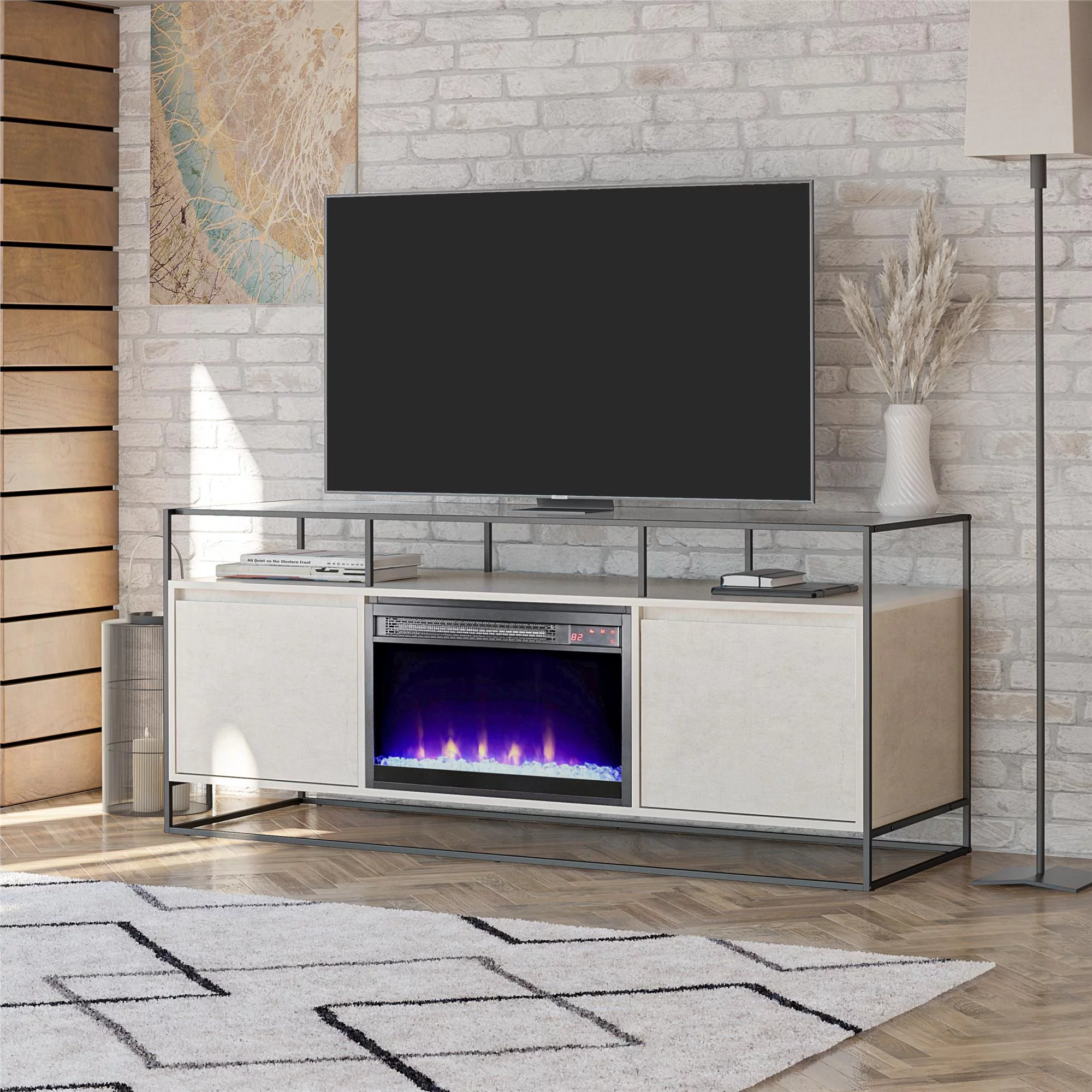 Ameriwood Home Covington Modern TV Stand and Console with Electric Fireplace for TVs up to 65", Plaster