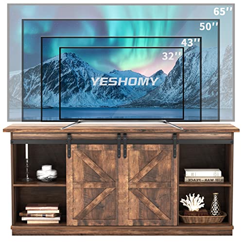 YESHOMY Farmhouse TV Stand for Televisions up to 65 Inches, Sliding Barn Doors and Storage Cabinets, Console Table and Media Furniture for Living Room, 58 Inch, Milk White