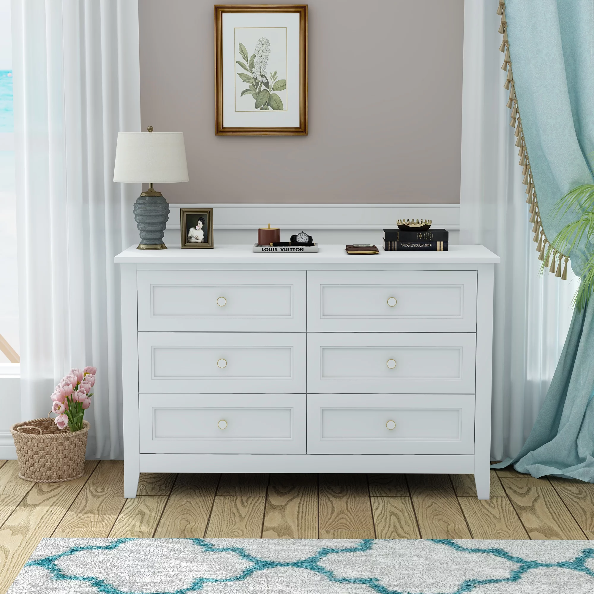 Birch Solid Wood Dresser Double Chest of 6 Drawers Bedroom Storage White