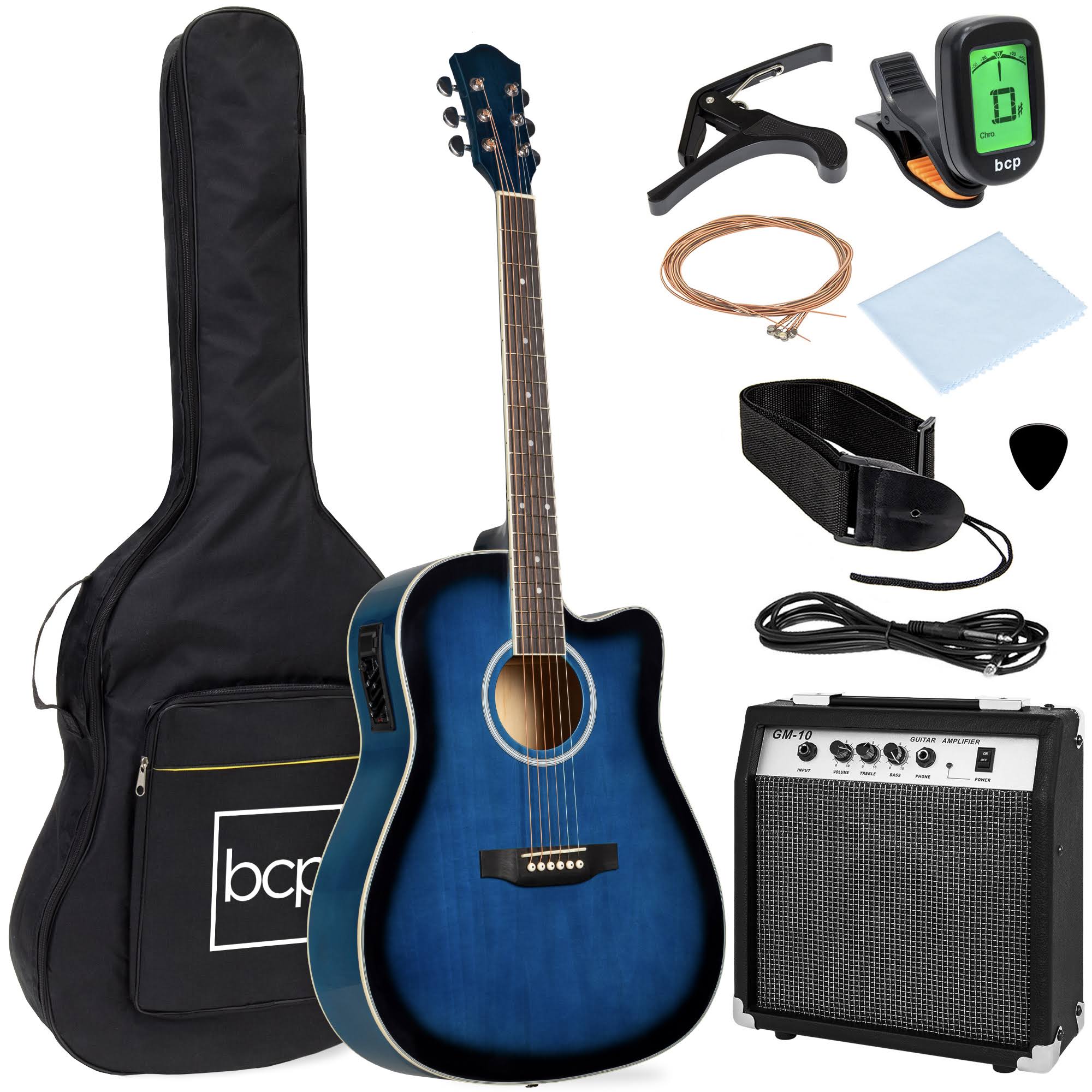 Best Choice Products 41in Full Size Acoustic Electric Cutaway Guitar Set with 10-Watt Amp, Capo, E-Tuner, Case, Blue - Megean