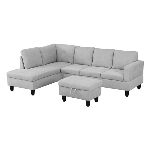 Modern L Shaped Sectional Sofa with Storage Ottoman, Chaise Lounge, Microfiber Cushions, Corner Couch for Living Room, Apartment, Beige