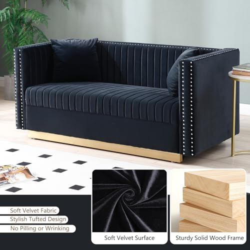78" Velvet Couch, Modern Channel Tufted Sofa Couch with 2 Pillows, 3 Seater Upholstered Couches with Gold Metal Legs and Nailhead for Living Room, Apartment and Office (Black)