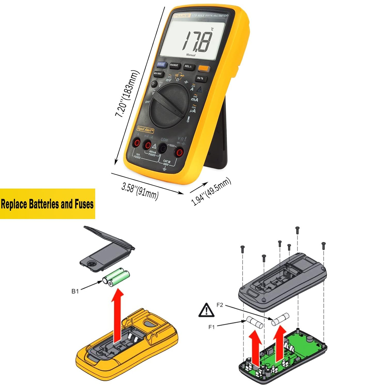 Fluke 17B MAX Newest High Precision Auto/Manua 6000 Count Digital Multimeters 2000uF/Capacitance, Voltage, Frequency Temperature Probe Measures Meter with Portable Soft Bag