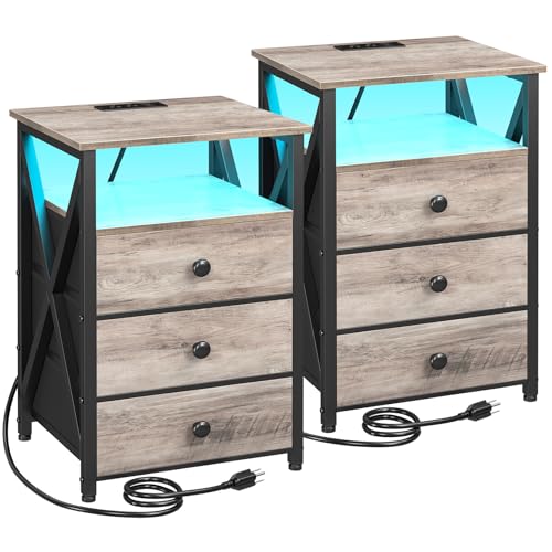 AMHANCIBLE Night Stand Set 2, LED Nightstand with Charging Station, End Side Tables with USB Port & Outlet, Bedside Table with Fabric Drawers for Bedroom Living Room, Dark Grey, HET053LDG