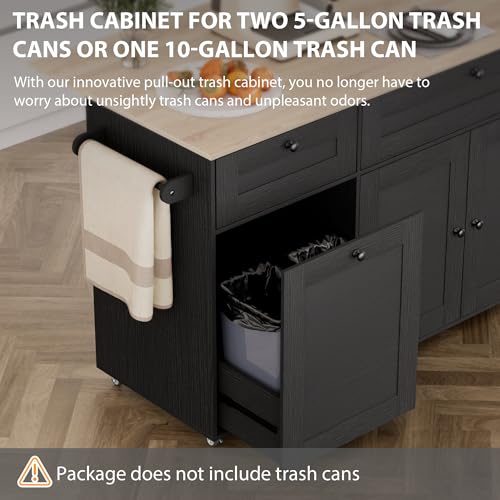 Kitchen Island on Wheels with Storage and Power Outlet, Kitchen Island with Trash Can Storage Cabinet and Drop Leaf, with Spice Rack & Towel Rack, Rolling Island Cart for Kitchens (Black)