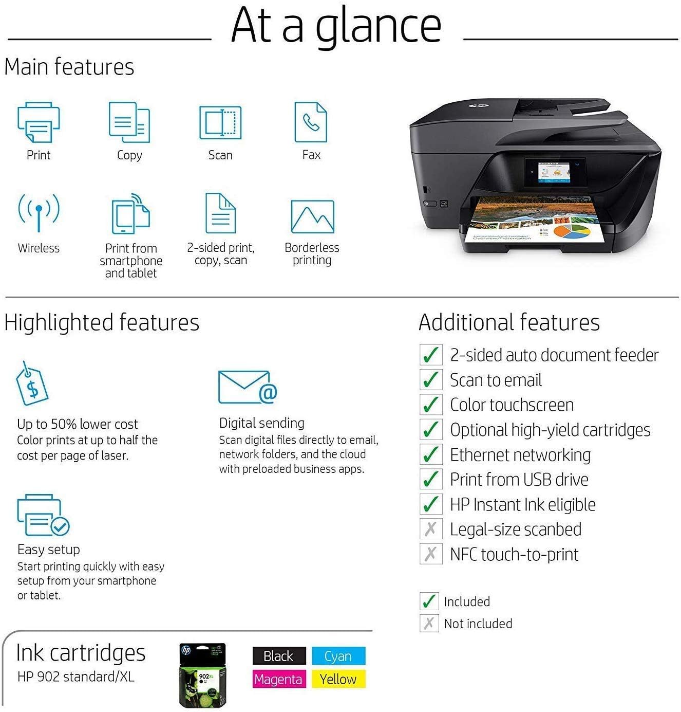 HP OfficeJet Pro 69Series Color Inkjet All-in-One Wireless Printer - 4-in-1 Print, Scan, Copy, Fax for Office - Instant Ink Ready - 2.65" CGD Touchscreen, 20 ppm Print Speed, Cbmoun Printer Cable
