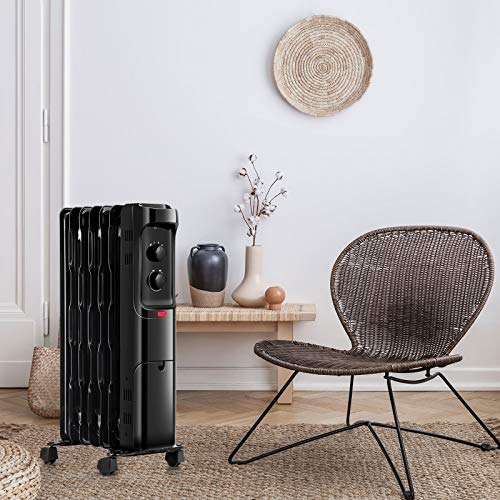 GOFLAME 1500W Oil Filled Radiator Heater, Electric Space Heater with 3 Heating Modes, Adjustable Thermostat, Tip-Over & Overheat Protection, Powerful Oil Heater for Home and Office