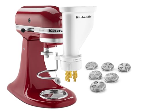 KitchenAid KSMPEXTA Gourmet Pasta Press Attachment with 6 Interchangeable Pasta Plates, White & Artisan Series 5 Quart Tilt Head Stand Mixer with Pouring Shield KSM150PS, Majestic Yellow