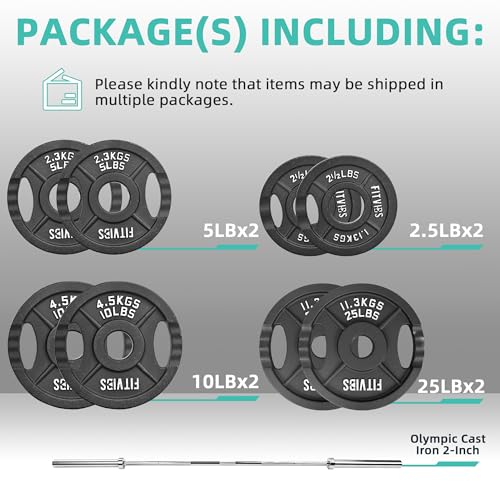 Olympic Cast Iron 2-Inch Weight Plates Including 5FT Olympic Barbell Bar & Safely Locks, 100 Pounds Set (85 lbs Plates + 15 lbs Barbell Bar), Multiple Packages