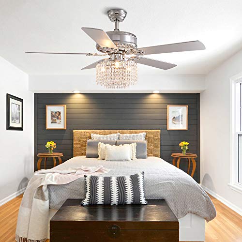 Moooni 52 Inch Modern Reversible Chandelier Fan with Lights and Remote, Elegant Crystal Fandelier Ceiling Light KIt for Bedroom Dining Room Silver