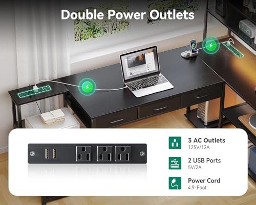 AODK 71 inch L Shaped Desk with File Drawers, Reversible L Shaped Gaming Desk with Power Outlets & LED Lights, Computer Desk with Storage Shelves for Home Office, Black