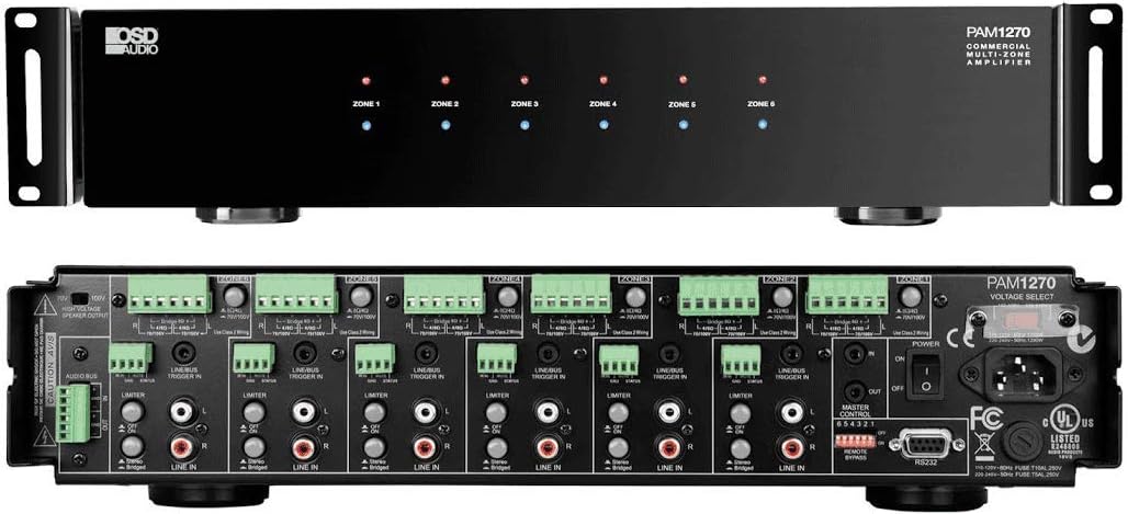 OSD 70V Commercial Multi Channel Amplifier 6 Zones, 60W per Channel, Multi Use 70V /8 Ohm/ 4 Ohm