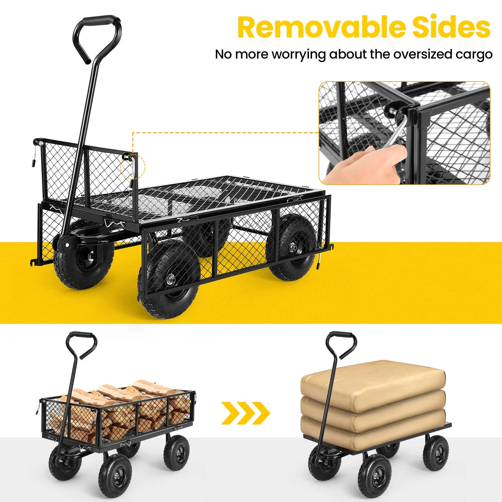 Funcid Steel Garden Cart, Heavy Duty 660 LBS Capacity, with Removable Mesh Sides to Convert into Flatbed, Utility Metal Wagon with 180° Rotating Handle and 10" Tires, Perfect for Garden, Farm, Yard
