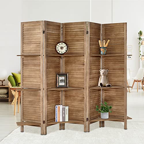 Room Divider with Shelves, Privacy Screen, Room Dividers and Folding Privacy Screens, 5 Panel Wood Temporary Wall Partition Separation Separator, Coconut