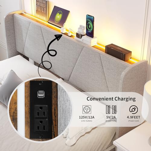 VOWNER Queen Bed Frame with Storage Headboard & 4 Drawers, LED Upholstered Bed Frame with Charging Station, Wood Slats Support No Box Spring Needed, Light Grey