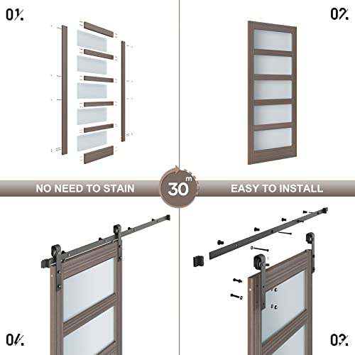 36x84 Inch Glass Sliding Barn Door Slab and 6.6ft Hardware Kit Included, 5 Frosted Glass, LVL Wood Panel Covered with White Water-Proof Scratch-Proof PVC Surface, Simple DIY Assembly