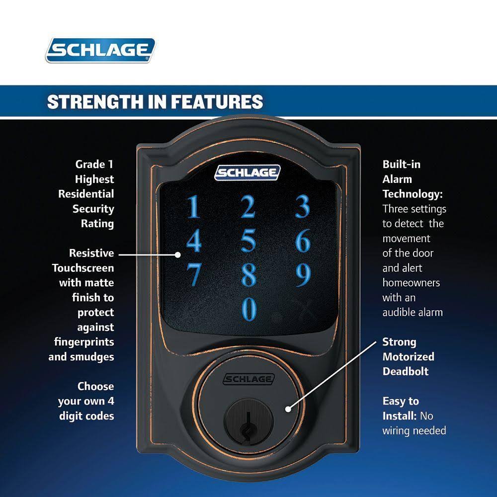 Schlage Camelot Aged Bronze Touchscreen Deadbolt with Alarm and Handleset with Accent Interior Lever