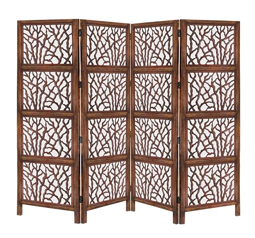 Room Divider Wood Screen - Ghanti Bells Antique Brown - 4 Panel Folding 72 x 80 - Assembled Hand Carved Decorative Functional Versatile Portable Partition Reversible Privacy Boho - COTTON CRAFT