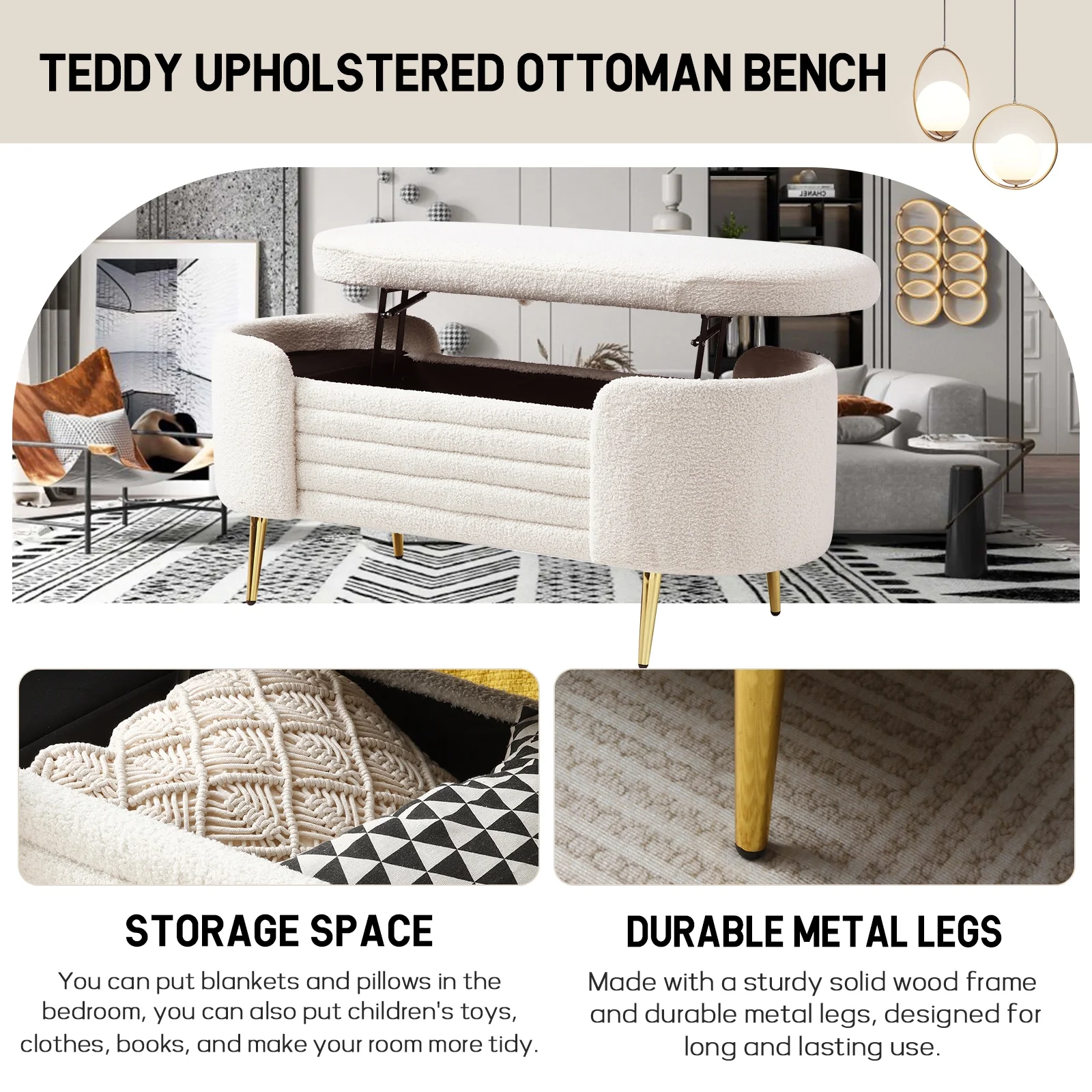 Sudwesto 45.3" Storage Ottoman Bench with Lift Top Design, Modern End of Bed Bench with Upholstered Sherpa Fabric, Toy Storage Bench for Bedroom, Living Room - Curated Treasures Market
