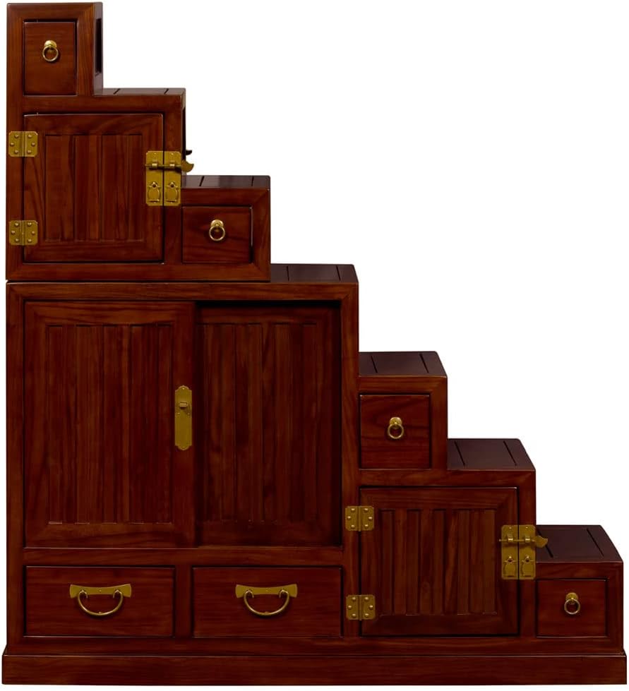 ChinaFurnitureOnline Elmwood Asian Cabinet, Japanese Step Tansu Chest in Mahogany Finish