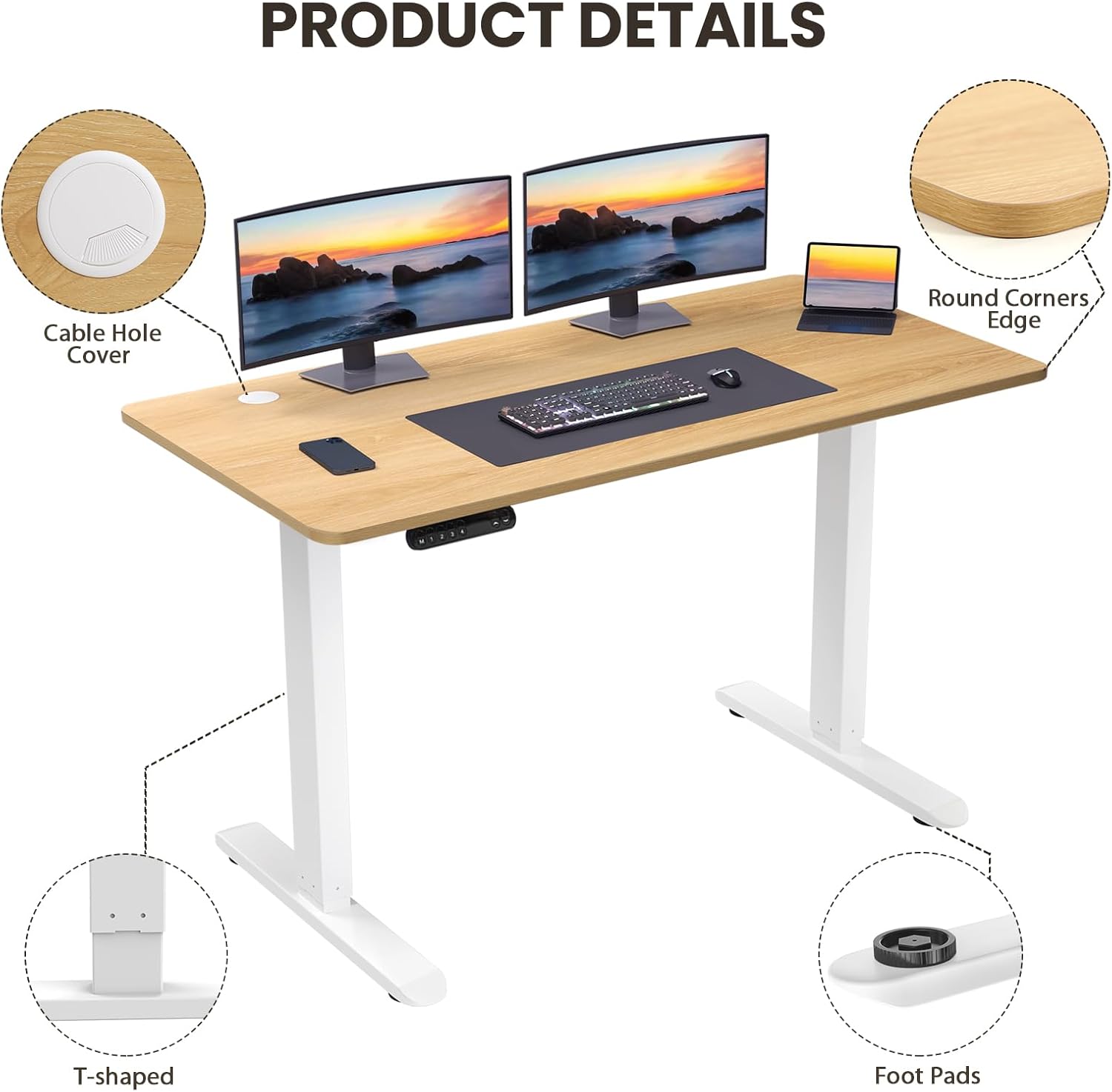 Electric Standing Desk 48 x 24 Inch Whole-Piece Desktop Adjustable Height Desk with 4 Memory Presets (Maple)