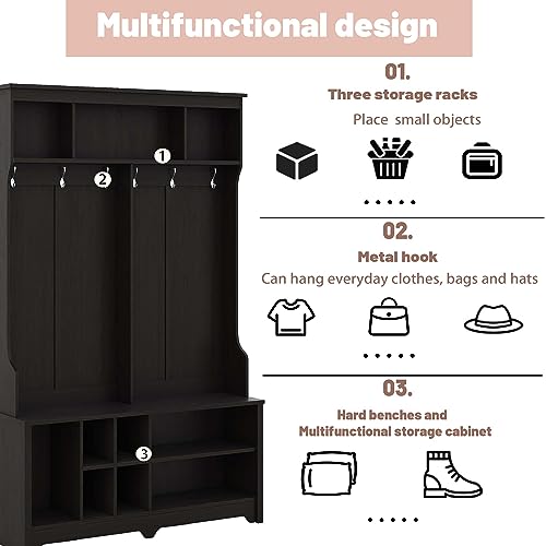 Hall Tree with Storage Bench, 3-in-1 Wooden 60 Inch Mudroom Bench, Farmhouse Entryway Bench for Mudrooms Organization Entryway Living Room(Color:White)