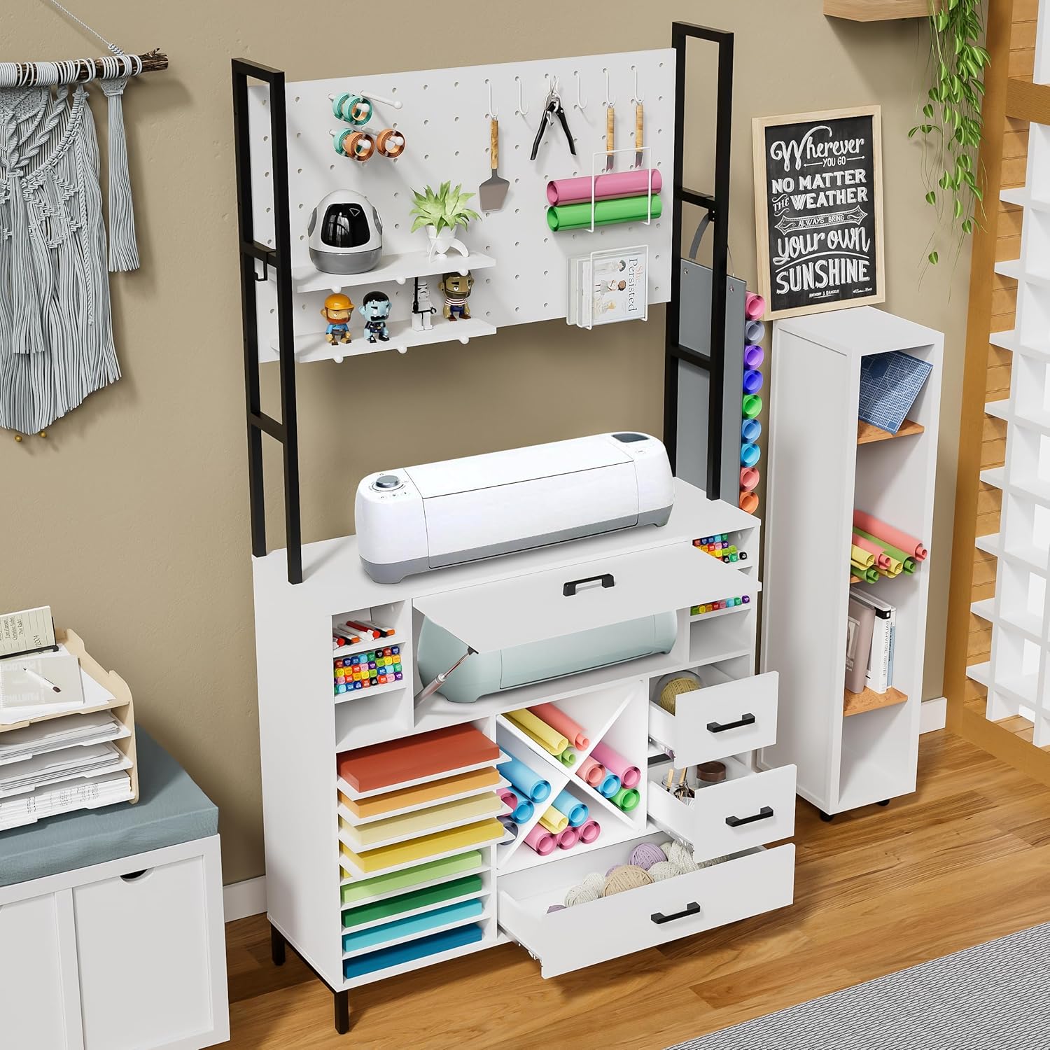 PAKASEPT Craft Organizers and Storage Cabinet Compatible with Cricut Machines, Cricut Accessories Craft Table with Power Outlet, Pegboard, Vinyl Holders for Craft Room Home Furniture