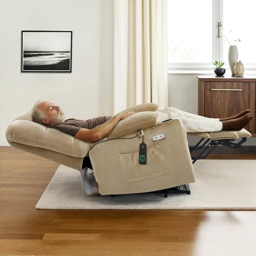 MCombo Large Dual Motor Power Lift Recliner Chair for Elderly, Massage and Heat, Lay Flat, Zero Gravity, Home Button, USB Port, Fabric 7680 (Large, Beige)