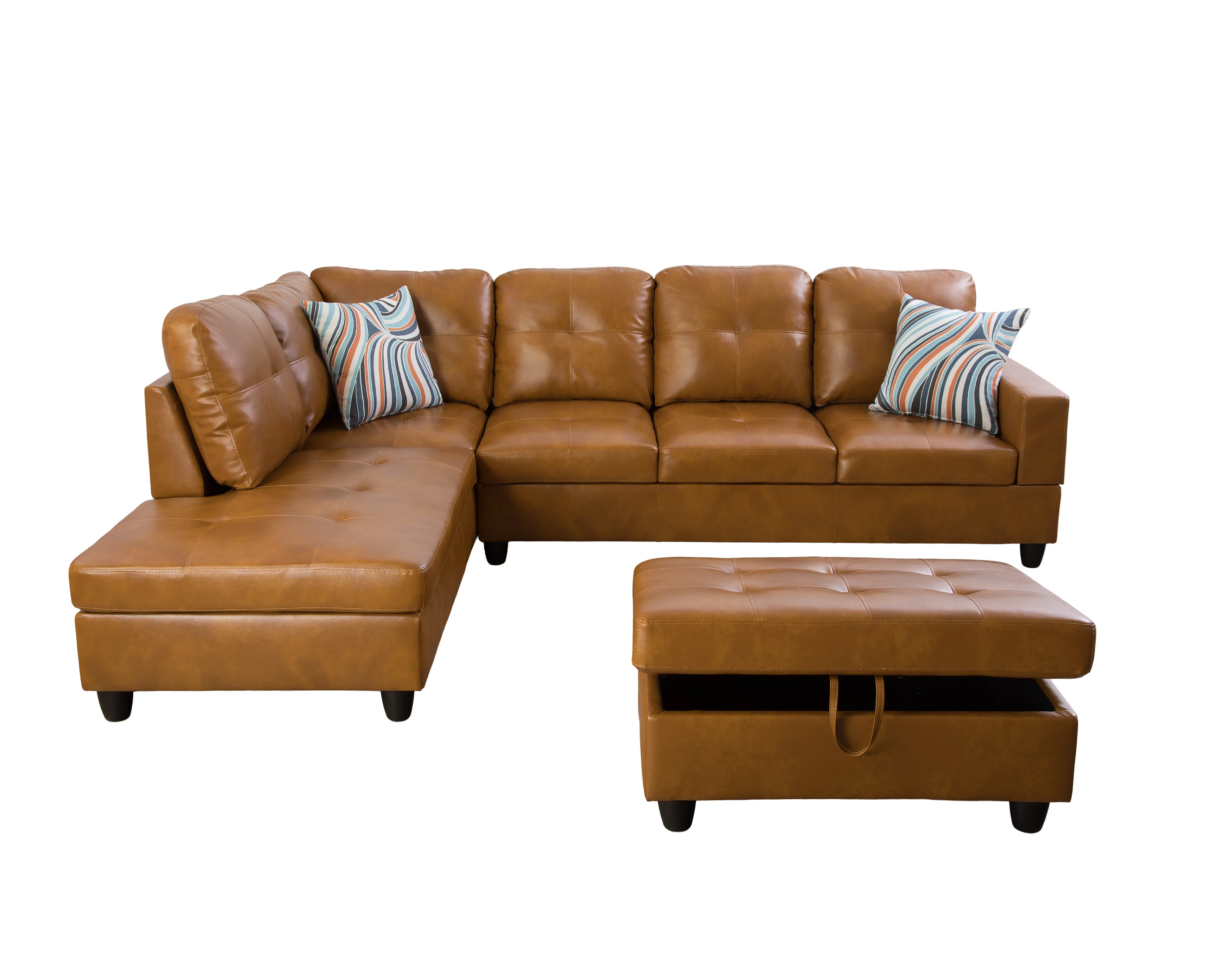 PonLiving 103.50" Wide Ginger Faux Leather Sectional with Ottoman Left Hand Facing