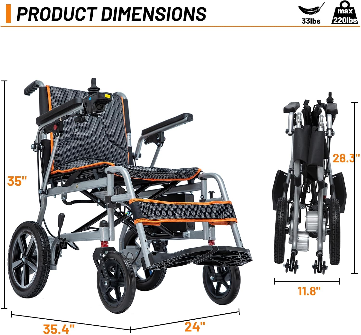 Upgraded Lightweight Portable Electric Wheelchairs, Motorized Wheelchair for Seniors, Power Wheelchair (only 33lbs), 360W Powerful Motor, 10 Miles Cruise Range, Airline Approved