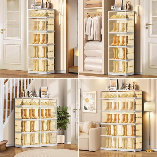 6-Tier Foldable Shoe Rack for Closet Entryway 6-12Pairs,Stackable Clear Shoe Storage Boxes Organizer with Door Plastic Small Shoe Cabinet Bins with Lids Narrow Shoe Shelf Easy Assembly