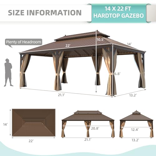 MELLCOM 12'x16' Hardtop Gazebo, Galvanized Steel Metal Double Roof Canopy with Curtains and Netting, Brown Permanent Pavilion Gazebos with Aluminum Frame for Garden, Patio, Lawns, Deck