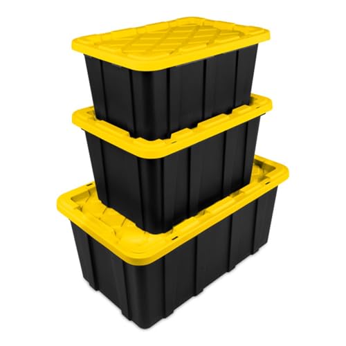 Sterilite 38 Gallon Industrial Stackable Storage Tote Snap-Fit Lidded Home Garage Organization Container with Carrying Handles, 8 Pack, Black/Yellow