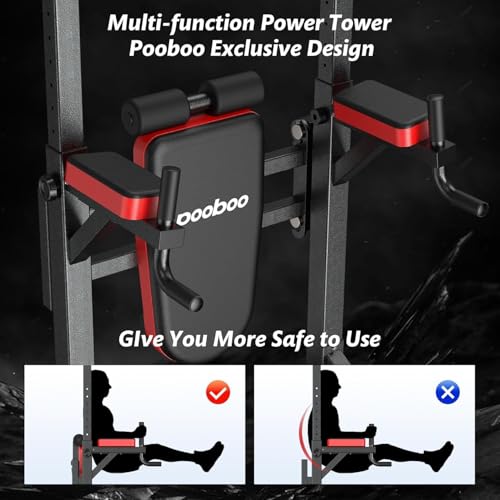 Pooboo Power Tower Dip Station Pull Up Bar for Fitness Home Gym Workout,Multi-Function Adjustable Height Fitness Strength Training Exercise Equipment,with Supine Board