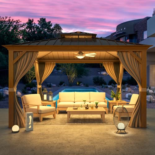 YOLENY 10' x 12' Hardtop Gazebo, Wood-Looking Gazebo with Galvanized Steel Double Roof, Aluminum Frame, Permanent Metal Pavilion with Netting and Curtains for Deck, Backyard, Patio and Lawns