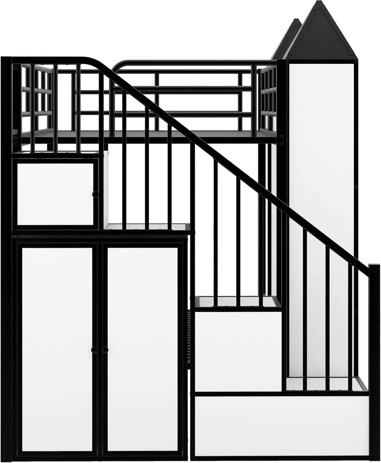 Twin Over Twin Castle Bunk Bed with Stairs, Wardrobe and Multiple Storage, Metal Bunkbeds with Staircase and Shelves, for Kids Teens Bedroom, Black+White
