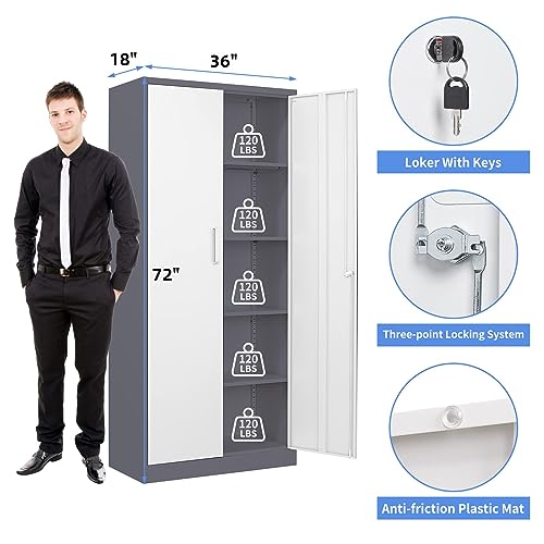 Yizosh Metal Garage Storage Cabinet with 2 Doors and 5 Adjustable Shelves - 71" Steel Lockable File Cabinet,Locking Tool Cabinets for Office,Home,Garage,Gym,School (Gray White)