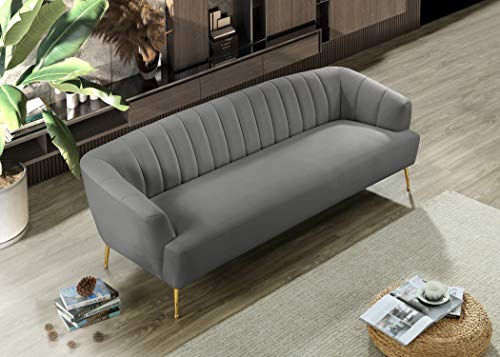 Meridian Furniture Tori Collection Modern | Contemporary Velvet Upholstered Sofa with Deep Channel Tufting and Ball Designed Custom Gold Legs, 84.50" W x 31.5" D x 29.75" H, Grey