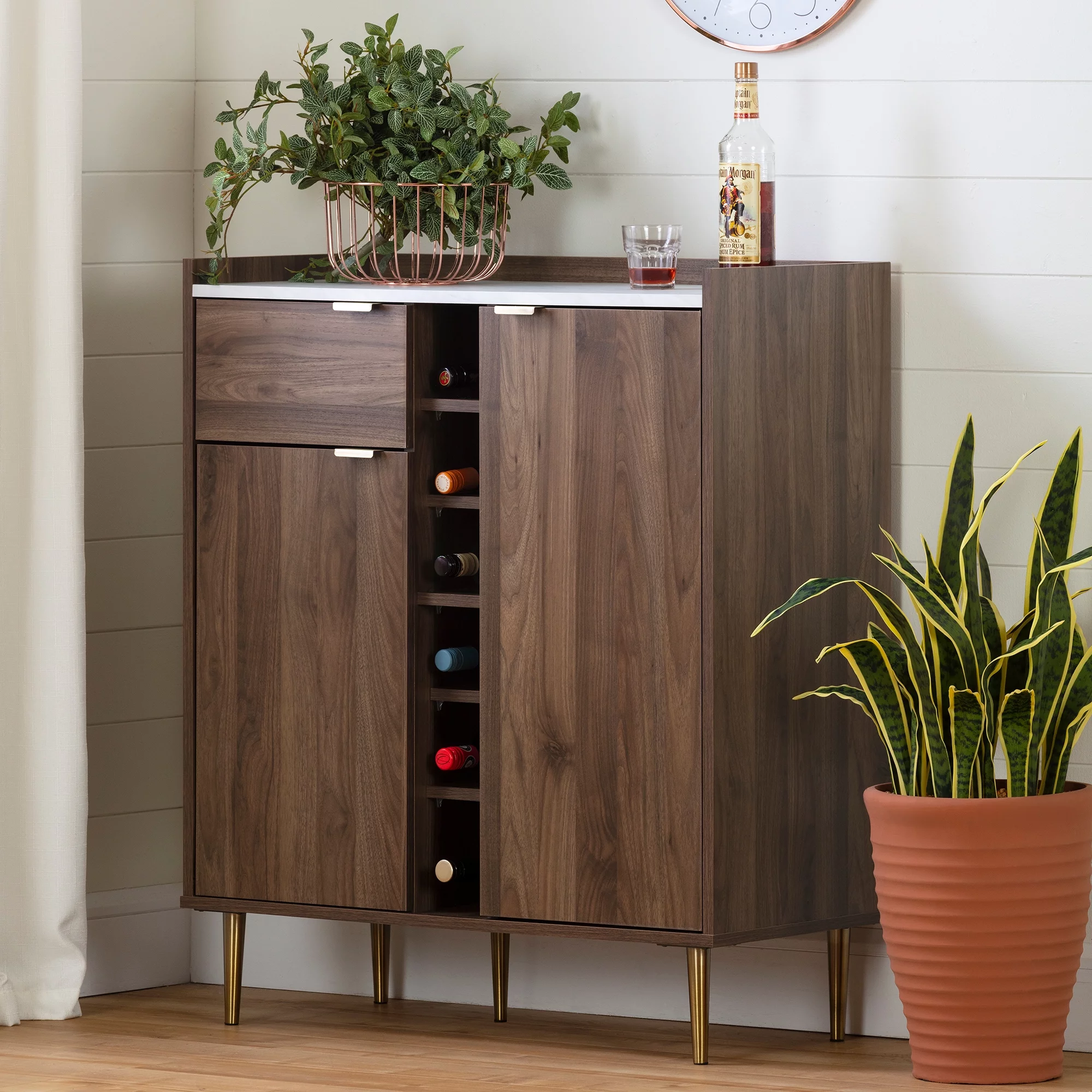 South Shore Hype Buffet with Strorage, Natural Walnut and Faux Carrara Marble